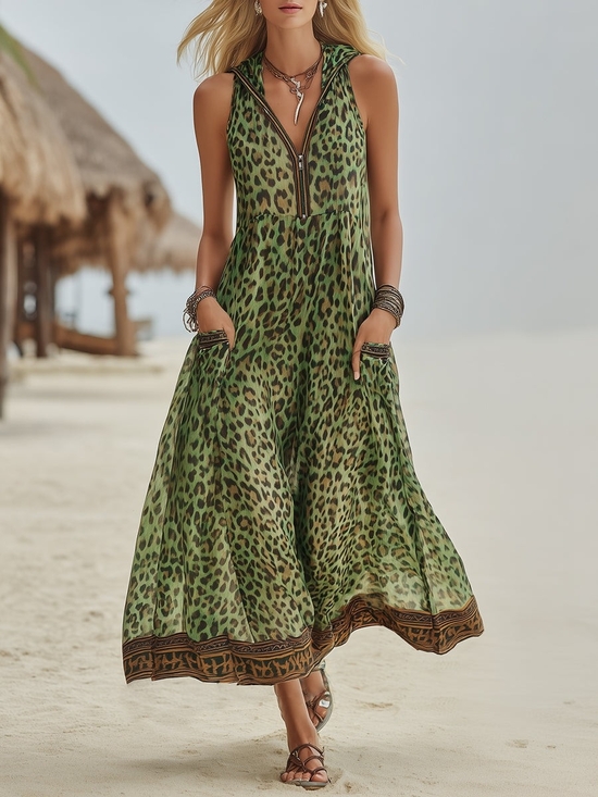 Morgan & Brooke Dresses & Skirts - Morgan & Brook Retro Casual Green Leopard Print Chiffon Hooded Midi Dress Size S